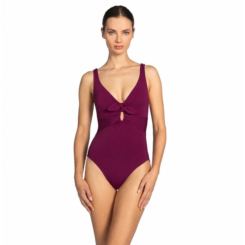 Robin Piccone Ava Plunge One Piece Swimsuit Eggplant Size 12 NWT